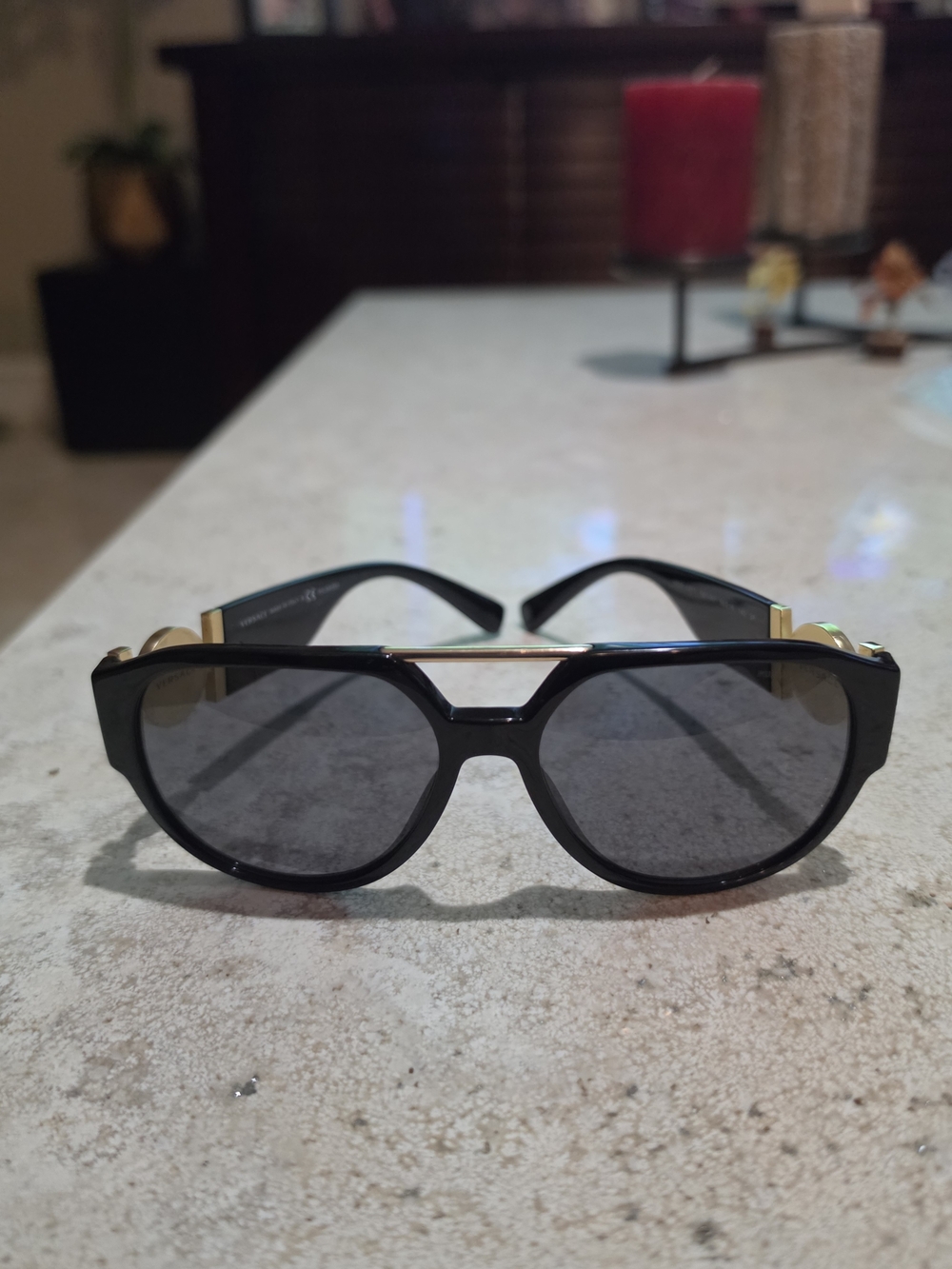Versace Black and Gold Women's Pilot Sunglasses with Dark Gray Lenses